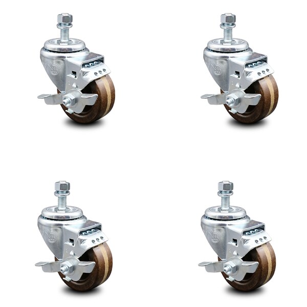 Service Caster 3 Inch High Temp Phenolic Swivel 1/2 Inch Threaded Stem Caster Set with Brake SCC SCC-TS20S314-PHRHT-TLB-121315-4 - main